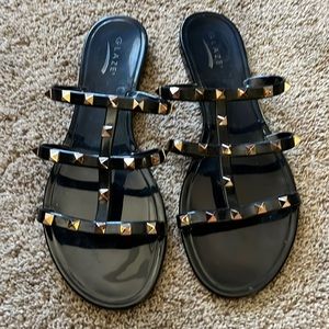 Black and gold studded sandals